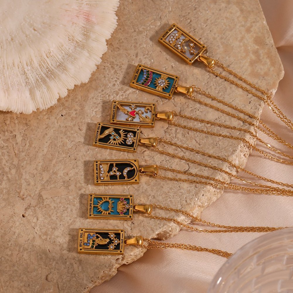 Star Tarot Card Pendant Necklace PVD 18K Gold Enamel Rectangle Stainless Steel - Picture 7 of 8